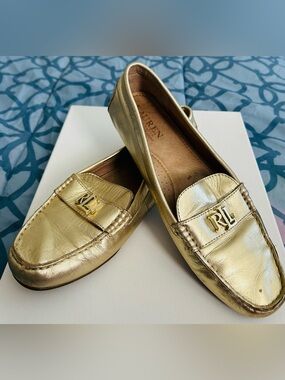 Ralph Lauren Metallic Gold Leather Loafers with RL Hardware